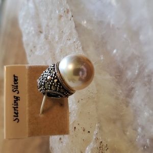 Sterling Silver Large Bail Faux Pearl and Marcasite Pendant